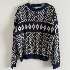 VTG Steep Slopes Navy Fair Isle Geometric Knit Crewneck Grandpa Sweater LARGE